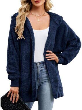 Women Navy Blue Oversized Fuzzy Fleece Zip up Hoodie Sweatshirt